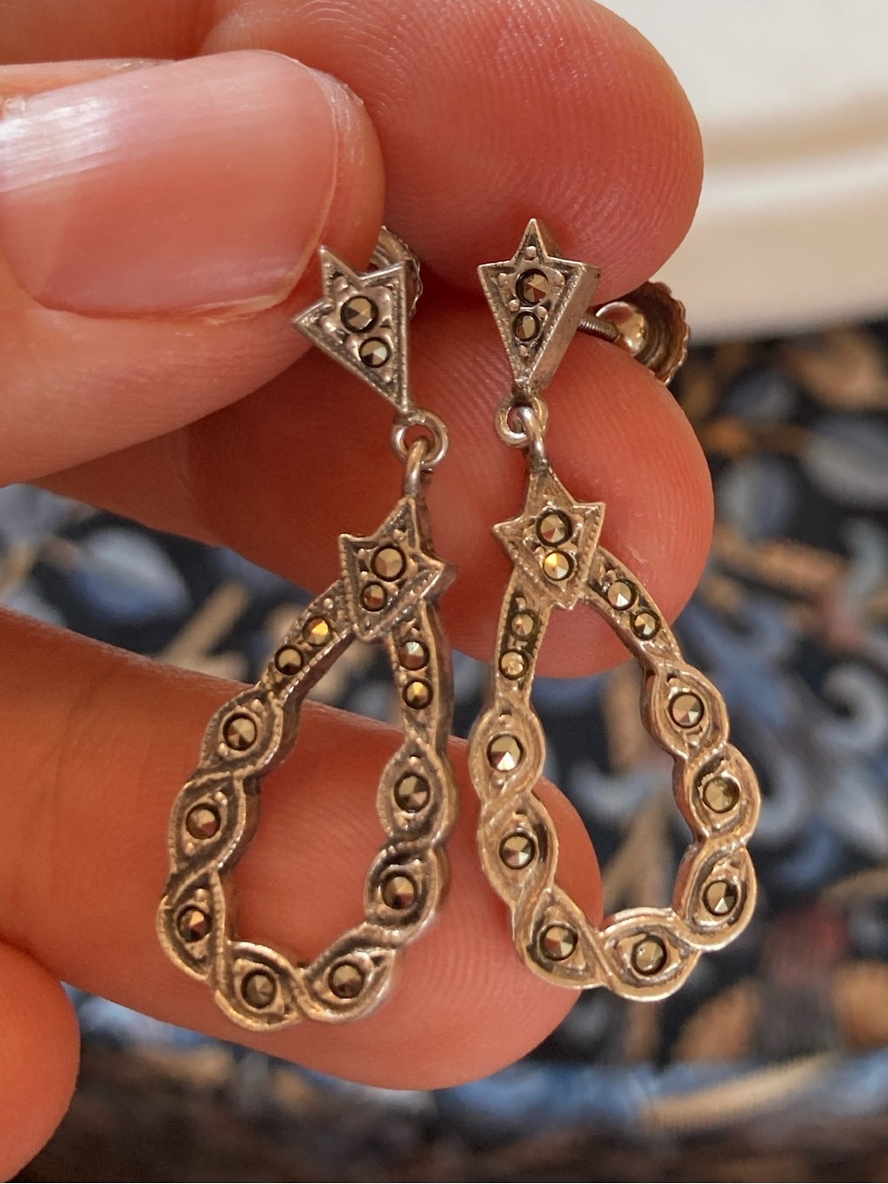 Antique Art Deco Marcasite & Sterling Silver Ornate Dangle Earrings